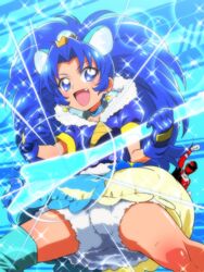  1boy :d animal_ears blue_background blue_eyes blue_gloves blue_hair blue_neckwear blue_shirt blue_skirt blue_theme blue_thighhighs choker commentary_request cowboy_shot crossover crown cure_gelato female gloves gold_crown guitar holding holding_instrument instrument kirakira_precure_a_la_mode layered_skirt lion_ears lion_tail long_hair looking_at_viewer magical_girl mini_crown music oerba_yun_fang open_mouth petticoat playing_instrument pointed_crown precure shirt shishi_red single_thighhigh skirt smile sparkle super_sentai tail tategami_aoi thighhighs tj-type1 uchuu_sentai_kyuuranger white_skirt 