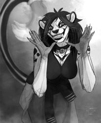  2016 anthro breasts cheetah claws clothed clothing collar creepy english_text felid feline female fur grey_background hair kris_(excitedcargoyle) long_hair looking_at_viewer mammal monochrome natalie_de_corsair raised_tail sharp_teeth signature simple_background smile solo tail teeth text 