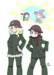  4girls =_= brodie_helmet chito_(shoujo_shuumatsu_ryokou) chito_(shoujo_shuumatsu_ryokou)_(cosplay) combat_helmet commentary_request cosplay costume_switch diana_cavendish diana_cavendish_(cosplay) hat helmet highres kagari_atsuko kagari_atsuko_(cosplay) little_witch_academia multiple_girls school_uniform shoujo_shuumatsu_ryokou stahlhelm v-shaped_eyebrows witch_hat yui_(jisatsu) yuuri_(shoujo_shuumatsu_ryokou) yuuri_(shoujo_shuumatsu_ryokou)_(cosplay) 