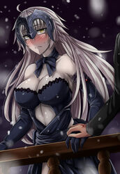  1boy ahoge bare_shoulders black_gloves blush breasts cleavage closed_mouth command_spell commentary elbow_gloves fate/grand_order fate_(series) female frown fujimaru_ritsuka_(male) gloves grey_hair handrail headpiece highres holding_hands jeanne_d&#039;arc_alter_(avenger)_(fate) jeanne_d&#039;arc_alter_(fate) jeanne_d&#039;arc_alter_(holy_night_supper)_(fate) jpeg_artifacts large_breasts long_hair neck_ribbon night pale_skin ribbon sanmoto_gorouzaemon snowing solo_focus sweatdrop yellow_eyes 