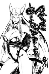  bare_shoulders black_&amp;_white bow breasts bunny_tail bunnysuit byakugan collar detached_sleeves female highres horns huge_breasts long_hair monochrome naruto naruto_shippuuden ootsutsuki_kaguya otsutsuki_kaguya rinne_sharingan solo sunahara_wataru tail third_eye very_long_hair 