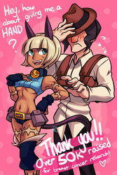  1boy animal_ears audrey_kare bad_link bare_shoulders bell belt blue_eyes blush bob_cut breasts cat_ears collar crop_top dark-skinned_female dark_skin embarrassed english_text evolution_championship_series fedora female fingerless_gloves gloves hat hat_over_eyes holster irvin_(skullgirls) knee_pads medium_breasts midriff ms._fortune_(skullgirls) navel neck_bell oerba_yun_fang panties pouch scar short_hair shoulder_holster skullgirls smile thank_you underboob underwear white_hair 