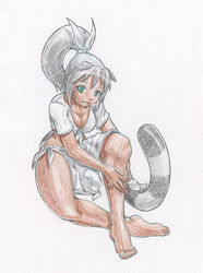  5_toes animal_humanoid barefoot big_breasts black_hair black_stripes bottomwear breasts caribbean_blue cat_humanoid cat_tail clothed clothing colored_pencil_(artwork) domestic_cat facial_markings feet felid felid_humanoid feline feline_humanoid felis female green_eyes hair head_markings human humanoid kimi_(caribbean_blue) long_hair mammal mammal_humanoid markings nekonny plantigrade shirt skirt solo stripes toes topwear traditional_media_(artwork) 