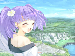  bad_id bad_pixiv_id cityscape female flower fractale hair_flower hair_ornament landscape nessa_(fractale) senoo_aoi solo twintails 