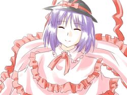  closed_eyes commentary_request female hat nagae_iku purple_hair short_hair smile solo supon touhou 