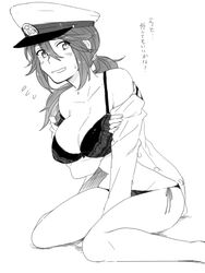  bad_id bad_pixiv_id bra breasts commentary_request dress_shirt female female_admiral_(kancolle) greyscale hat ikeshita_moyuko kantai_collection large_breasts long_hair monochrome no_pants open_clothes panties ponytail shiomi_kaoru shirt side-tie_panties solo translation_request underwear 