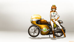  banana_peel biker_clothes biker_daisy bikesuit blue_eyes bodysuit boots breasts brown_hair commentary crown darren_geers earrings english_commentary female gloves hand_on_own_hip highres jewelry knee_boots long_hair mach_bike_(mario) mario_(series) mario_kart mario_kart_8 mario_kart_wii medium_breasts motor_vehicle motorcycle photoshop_(medium) princess_daisy race_vehicle racing_suit sitting solo 