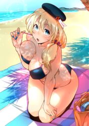  aqua_eyes atago_(kancolle) bag beach bikini blonde_hair blush breast_press breasts commentary_request day female hat highres kantai_collection large_breasts long_hair ocean ojo_(dfreak) open_mouth revision seiza sitting solo swimsuit 