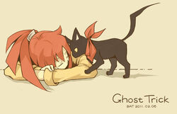  animal ascot bat_(coumori) cat_(ghost_trick) closed_eyes coat commentary_request copyright_name dated english_text feline female ghost_trick head_down lynne_(ghost_trick) photoshop_(medium) ponytail red_hair simple_background sleeping slit_pupils solo trench_coat 