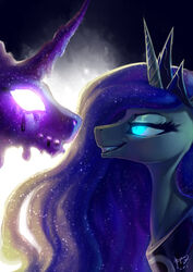  2016 abstract_background absurd_res begasuslu black_body black_fur blue_hair duo equid equine eye_contact fangs female feral friendship_is_magic fur glowing glowing_eyes grin hair hasbro hi_res horn jewelry looking_at_another mammal my_little_pony mythological_creature mythological_equine mythology necklace nightmare_moon_(mlp) smile tantabus teeth unicorn 