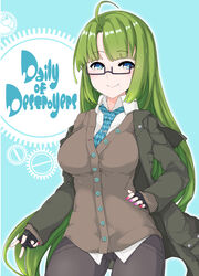  absurdres ahoge alternate_costume alternate_hairstyle bespectacled black-framed_eyewear blue_eyes blue_necktie breasts brown_jacket brown_sweater commentary_request cowboy_shot denim english_text female fingerless_gloves glasses gloves green_hair hand_on_own_hip highres jacket jeans kantai_collection kirishina_(raindrop-050928) long_hair long_sleeves medium_breasts mole mole_under_mouth nail_polish necktie pants photoshop_(medium) semi-rimless_eyewear shirt simple_background smile solo sweater under-rim_eyewear very_long_hair white_shirt yuugumo_(kancolle) 