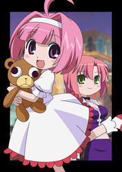  2girls ahoge bangs blush border breasts choco_(rio) cleavage dress green_eyes hair_intakes hair_ornament hairband hatomugisan lolicon looking_at_viewer midriff mint_clark multiple_girls navel open_mouth pink_eyes pink_hair rio_-rainbow_gate!- shoes short_hair skirt smile standing stuffed_animal stuffed_toy super_blackjack teddy_bear toy white_dress 