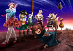  6+girls alice_margatroid animal_ears blonde_hair blue_eyes bob_cut brown_hair cat_ears cat_tail chen clothes_theft commentary_request cosplay fox_ears fox_tail green_hair hairband hat highres horns hoshiguma_yuugi hoshiguma_yuugi_(cosplay) kaenbyou_rin kaenbyou_rin_(cosplay) kisume kisume_(cosplay) komeiji_koishi komeiji_koishi_(cosplay) komeiji_satori komeiji_satori_(cosplay) konpaku_youmu kurodani_yamame kurodani_yamame_(cosplay) letty_whiterock long_hair lunasa_prismriver lyrica_prismriver merlin_prismriver mizuhashi_parsee mizuhashi_parsee_(cosplay) multiple_girls multiple_tails nail_polish pantyhose perfect_cherry_blossom pink_hair red_eyes reiuji_utsuho reiuji_utsuho_(cosplay) saigyouji_yuyuko shanghai_doll short_hair single_horn subterranean_animism tail theft touhou white_pantyhose yakumo_ran yakumo_yukari yana_(nekoarashi) yellow_eyes 