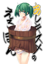  blush breasts bucket cleavage commentary_request female green_eyes green_hair hair_bobbles hair_ornament japanese_clothes kimono kisume looking_at_viewer robe see-through simple_background small_breasts smile solo sora-bozu touhou twintails water wet white_background wooden_bucket 