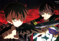  2boys blue_eyes book brown_hair chuunibyou_demo_koi_ga_shitai! dark_flame_master expressionless green_eyes highres holding holding_sword holding_weapon ikeda_kazumi isshiki_makoto looking_at_viewer magic_circle male_focus multiple_boys official_art photoshop_(medium) scan shaded_face smile sword togashi_yuuta weapon 