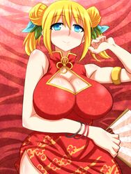  aizawa_hikaru armlet bare_shoulders blonde_hair blue_eyes blush bracelet breasts china_dress chinese_clothes cleavage cleavage_cutout clothing_cutout commentary_request double_bun dress female folding_fan hair_bun hair_ribbon hand_fan ishioto jewelry large_breasts microsoft ribbon side_slit silverlight smile solo 