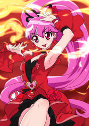  :d aino_megumi arm_up armpits black_neckwear brooch choker commentary_request cowboy_shot cure_lovely cure_lovely_(cherry_flamenco) dancing dengeki_gx detached_sleeves dress earrings female fire flower hair_flower hair_ornament happinesscharge_precure! heart heart_brooch heart_earrings jewelry long_hair looking_at_viewer magical_girl open_mouth pink_eyes pink_hair ponytail precure red_background red_dress red_sleeves red_wrist_cuffs simple_background smile solo wrist_cuffs 