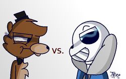  2015 animated_skeleton anthro anthrofied bear bone brown_body brown_fur clothing crossover digital_media_(artwork) duo five_nights_at_freddy&#039;s freddy_(fnaf) fur glowing glowing_eyes grin hat headgear headwear hoodie jacket male mammal sans_(undertale) scottgames side_view skeleton smile teeth text topwear undead undertale undertale_(series) versus what xxxtotoroxx 