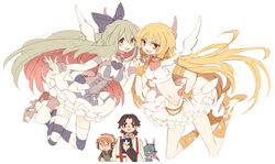  2boys 2girls armlet blonde_hair bracelet bridal_gauntlets brief_(psg) brief_(psg)_(cosplay) brown_hair chuck_(psg) commentary_request corset cosplay crop_top cross-laced_footwear dress earrings emiya_shirou enkidu_(fate) fate/stay_night fate/strange_fake fate_(series) garterbelt_(psg) garterbelt_(psg)_(cosplay) gilgamesh_(fate) green_eyes green_hair jewelry kotomine_kirei long_hair midriff multiple_boys multiple_girls oerba_yun_fang orange_hair panty_&amp;_stocking_with_garterbelt panty_(psg) panty_(psg)_(cosplay) parody photoshop_(medium) priest red_eyes shoes siblings sisters skirt stocking_(psg) stocking_(psg)_(cosplay) striped_clothes striped_thighhighs thighhighs tsumi_guilty white_dress white_skirt winged_footwear 