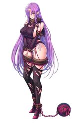  bondage breasts chains curvy demon_girl female female horn huge_breasts long_hair looking_at_viewer nimie nipples no_bra purple_hair saijou_satoru shiny_skin simple_background solo sweater taimanin_(series) taimanin_asagi taimanin_asagi_battle_arena thong white_background 