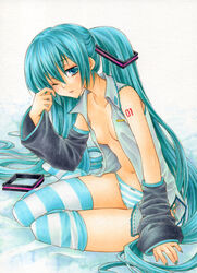  aoi_yuuka_(ao_no_kokoro) aqua_eyes aqua_hair commentary_request female hatsune_miku long_hair navel no_pants one_eye_closed open_clothes open_shirt panties shirt sitting sleepy solo striped_clothes striped_panties striped_thighhighs thighhighs twintails underwear very_long_hair vocaloid wince yokozuwari 