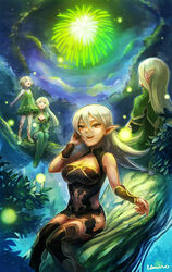  1boy 3girls absurdres black_legwear blonde_hair blue_eyes boots braid circlet commentary_request dark_elf dark_skin dress elf erik_burton fireworks forest full_body highres jenna_kirsty juno_bernal kris_bernal long_hair multiple_girls nature night orange_eyes photoshop_(medium) pointy_ears pop-up_story short_dress siblings sisters thigh_boots thighhighs twin_braids umino_kiri 