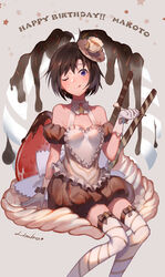  ;q antenna_hair apron artist_name bare_shoulders black_eyes black_hair bow bowtie character_name chocolate commentary_request cream cup cursive detached_sleeves earrings female food food_on_face fruit gloves happy_birthday hat heart heart_earrings highres idolmaster idolmaster_(classic) jewelry kikuchi_makoto limbo_(artist) looking_at_viewer mini_hat mini_top_hat one_eye_closed oversized_object photoshop_(medium) puffy_detached_sleeves puffy_sleeves short_hair signature sitting smile solo spoon star_(symbol) starry_background strawberry striped_clothes striped_thighhighs teacup teatime_happiness_(idolmaster) thighhighs tongue tongue_out top_hat white_gloves 