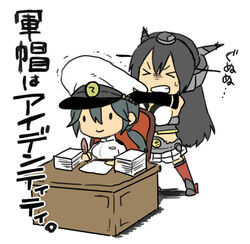  2girls bad_id bad_pixiv_id chibi commentary_request desk female_admiral_(kancolle) hat ikeshita_moyuko kantai_collection long_hair lowres military military_uniform multiple_girls nagato_(kancolle) naval_uniform shiomi_kaoru translated uniform 