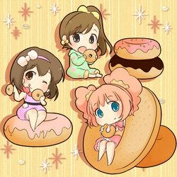  3girls :q aqua_eyes brown_eyes brown_hair chibi commentary_request doughnut eating food futami_mami hagiwara_yukiho highres idolmaster idolmaster_(classic) idolmaster_2 long_hair maiko_(yoshida308) multiple_girls red_hair short_hair side_ponytail takatsuki_yayoi tongue tongue_out twintails 