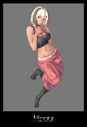  bare_shoulders belt black_shirt boots border borrowed_character breasts bug cleavage commentary_request dark-skinned_female dark_skin female fingers_together full_body grey_background grey_hair hair_ornament highres jikeshi ladybug large_breasts looking_at_viewer midriff mikainu_zozo multicolored_hair navel pants pink_eyes pink_pants shirt short_hair solo tank_top torn_clothes torn_shirt two-tone_hair white_hair zeromachina 