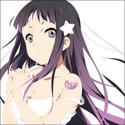  breasts cleavage extra female glasses hair_ornament holding holding_removed_eyewear k-on! long_hair lowres mizuki_makoto photoshop_(medium) purple_eyes purple_hair solo star_(symbol) strap_slip takahashi_fuuko tattoo unworn_eyewear 