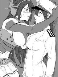  2girls bad_id bad_pixiv_id bare_shoulders blush commentary_request elbow_gloves female_admiral_(kancolle) gloves greyscale hat headgear height_difference ikeshita_moyuko kabedon kantai_collection long_hair military military_uniform monochrome multiple_girls nagato_(kancolle) naval_uniform navel shiomi_kaoru tall uniform yuri 