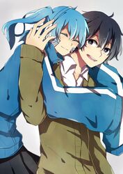  1boy black_hair blue_hair closed_eyes commentary_request ene_(kagerou_project) female headphones highres hug hug_from_behind kagerou_project kokonose_haruka long_hair mole mole_under_eye ringomaru school_uniform short_hair sleeves_past_fingers sleeves_past_wrists smile twintails 