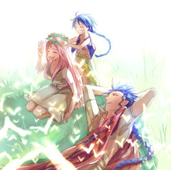  2boys aladdin_(magi) alternate_universe blue_eyes blue_hair braid closed_eyes commentary_request family father_and_son female good_end grin head_wreath humming long_hair lorein magi_the_labyrinth_of_magic mother_and_son multiple_boys photoshop_(medium) pink_hair putting_on_headwear sheba_(magi) single_braid smile solomon_jehoahaz_abraham 