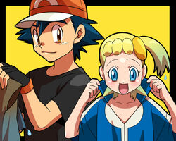  1boy amada black_hair blonde_hair blue_eyes bonnie_(pokemon) brown_eyes commentary_request cosplay costume_switch female fingerless_gloves gloves hat oversized_clothes pokemon pokemon_(anime) pokemon_xy_(anime) satoshi_(pokemon) 