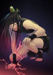  androgynous black_hair dual_persona electricity envy envy_(fma) fullmetal_alchemist headband homunculus long_hair male male_focus midriff monster multi_limb on_head purple_eyes sharp_teeth skin_tight skort sleeveless solo squatting toeless_socks vipada_jakavanphituk 