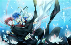  2boys akaito bad_id bad_pixiv_id blue_hair holding_hands kaito_(vocaloid) male_focus multiple_boys photoshop_(medium) red_hair vocaloid water witchonly 