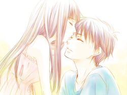  1boy black_hair casual closed_eyes commentary_request dress female kazehaya_shouta kimi_ni_todoke kissing kuronuma_sawako long_hair short_hair straight takenoko_(flamingo_garden) 