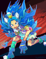  :d animal_ears blue_bow blue_eyes blue_footwear blue_gloves blue_hair blue_shirt blue_skirt blue_socks bow chuubatsu_nagano commentary_request crown cure_gelato female full_body gloves gold_crown highres kirakira_precure_a_la_mode lion_ears lion_tail long_hair looking_at_viewer magical_girl mini_crown open_mouth photoshop_(medium) pointed_crown precure shirt shoes signature skirt smile socks solo spiked_hair tail tategami_aoi wide-eyed 