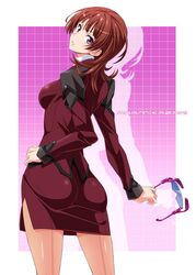  active_raid brown_hair commentary_request female glasses kazari_asami looking_at_viewer looking_back pantyhose purple_eyes seamed_legwear see-through see-through_legwear shiny_skin solo standing suzutsuki_kurara uniform 