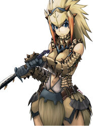  armor barioth_(armor) blue_eyes blue_hair commentary_request female highres monster_hunter_(character) monster_hunter_(series) monster_hunter_3 monster_hunter_portable_3rd ooike_teru solo sword weapon 