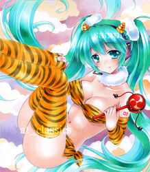  animal_print artist_name at_classics breasts commentary detached_sleeves female green_eyes green_hair hatsune_miku headset horns large_breasts legs_up long_hair marker_(medium) navel photoshop_(medium) rattle_drum sample_watermark solo thighhighs thighs tiger_print traditional_media twintails very_long_hair vocaloid watermark 