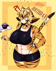  abs absurd_res ambiguous_gender anthro big_breasts birthday breasts collar cupcake disembodied_hand duo felid female fish food hi_res huge_breasts kemono mammal marine meganemausu muscular muscular_female pantherine saffron_(safurantora) smile solo_focus thick_thighs tiger 