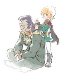  1boy blonde_hair cape closed_eyes commentary_request dozle_zabi fading father_and_daughter female green_eyes gundam massage military military_uniform mineva_lao_zabi mobile_suit_gundam muuten pantyhose photoshop_(medium) purple_hair scar short_hair tears uniform 