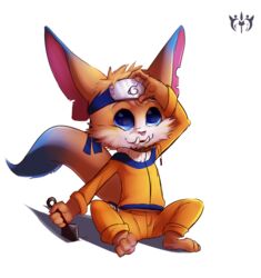  anthro better_version_at_source cosplay forehead_protector furfit gnar_(lol) humor league_of_legends male naruto pun riot_games simple_background tencent yordle 