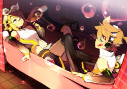  1boy bandaid bathtub black_thighhighs blonde_hair blue_eyes breasts brother_and_sister bubble commentary detached_sleeves empty_bathtub female food hair_ornament hairclip headphones highres kagamine_len kagamine_len_(append) kagamine_rin kagamine_rin_(append) kl_(dgzonbi) navel photoshop_(medium) pocky siblings small_breasts thighhighs twins vocaloid vocaloid_append 