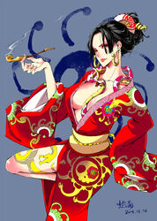  amazon black_hair blue_eyes boa_hancock breasts cleavage earrings female hair_ornament hair_up hebi_utage japanese_clothes jewelry large_breasts leg_lift long_hair long_sleeves looking_at_viewer one_piece shichibukai sleeves snake solo tattoo wink 