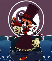  andy_anvil bad_id bad_pixiv_id black_eyes bow colored_sclera dress extra_eyes female gias-ex-machella gloves hat logo megaphone orange_hair parted_lips peacock_(skullgirls) red_eyes sharp_teeth short_hair skullgirls smile teeth top_hat yellow_sclera 