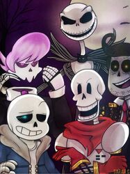  animated_skeleton anterior_nasal_aperture bone business_suit clothed clothing crossover gloves grin group handwear hoodie jack_skellington jacket jarafia lewis_pepper male manolo_sanchez_(the_book_of_life) moon mystery_skulls not_furry open_mouth papyrus_(undertale) plant pronounced_browridge sans_(undertale) scarf skeleton smile suit the_book_of_life the_nightmare_before_christmas topwear tree undead undertale undertale_(series) 