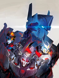  4boys dinosaur drift_(transformers) female frown glowing glowing_eyes grimlock mecha megatron megatron_(idw) multiple_boys no_humans optimus_prime optimus_prime_(idw) robot sarah_stone science_fiction smirk the_transformers_(idw) transformers windblade 